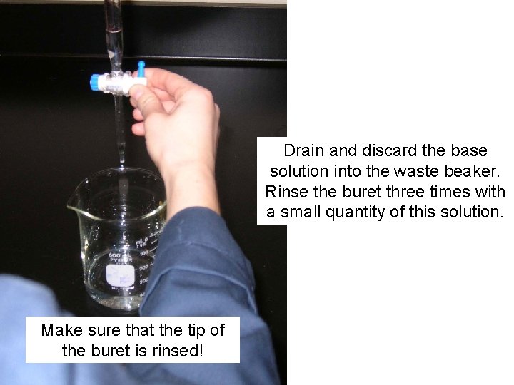 Drain and discard the base solution into the waste beaker. Rinse the buret three