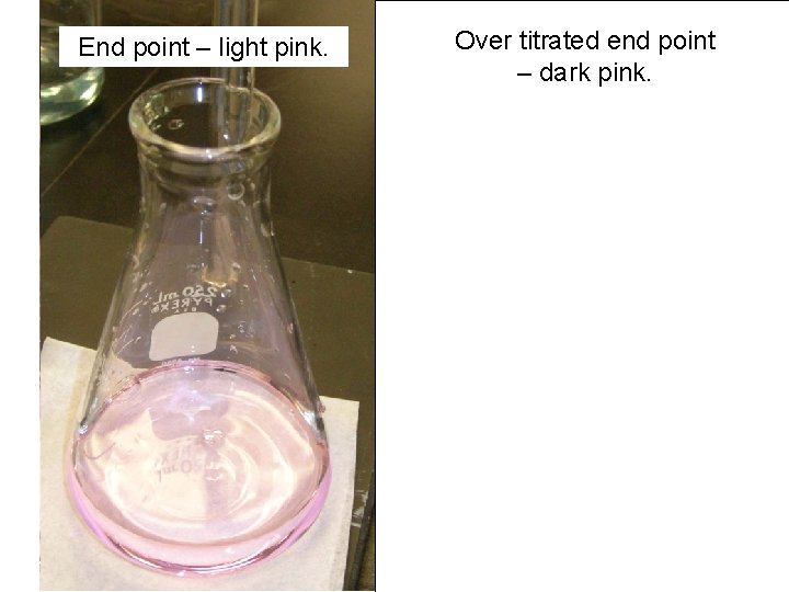End point – light pink. Over titrated end point – dark pink. 