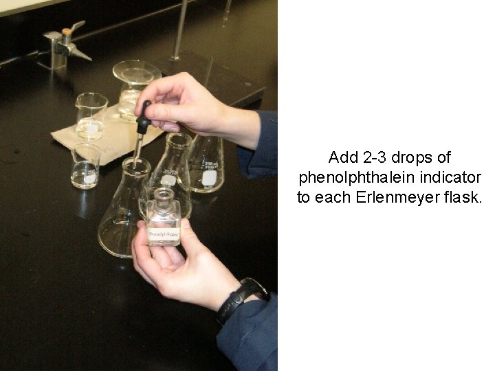 Add 2 -3 drops of phenolphthalein indicator to each Erlenmeyer flask. 