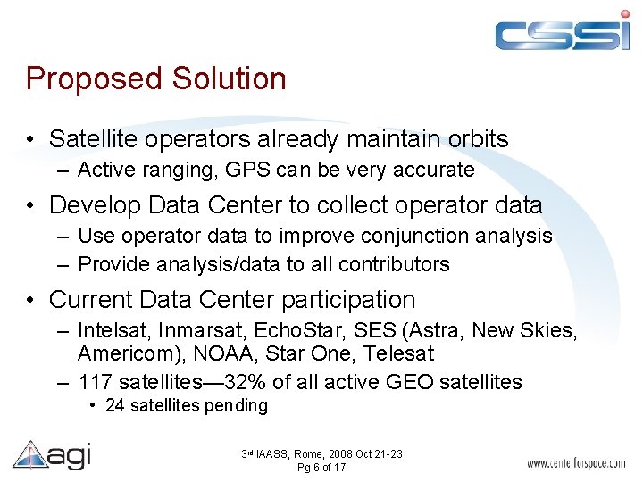 Proposed Solution • Satellite operators already maintain orbits – Active ranging, GPS can be