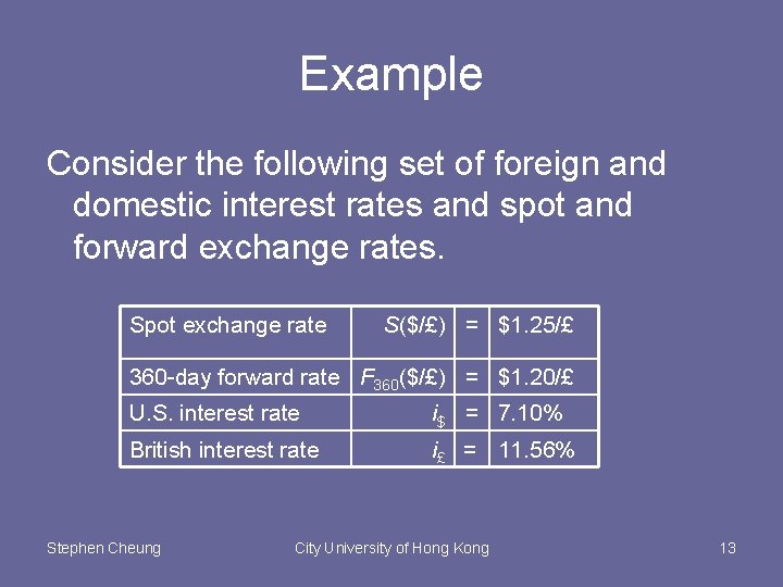 Example Consider the following set of foreign and domestic interest rates and spot and