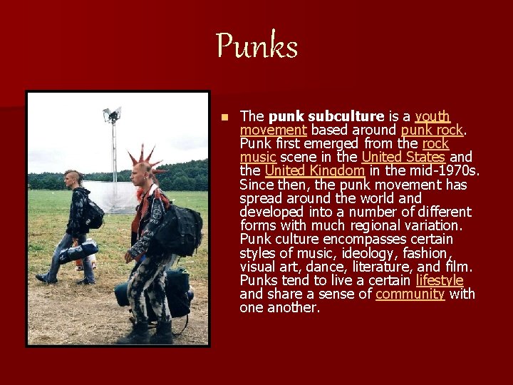 Punks n The punk subculture is a youth movement based around punk rock. Punk