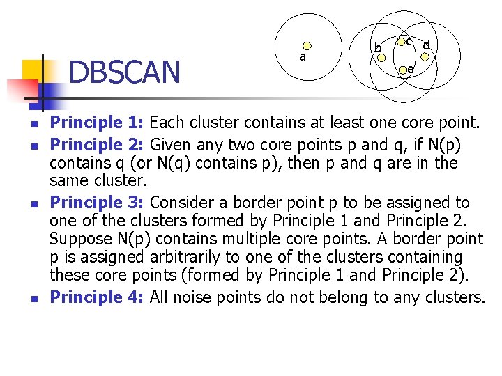 DBSCAN n n a b c d e Principle 1: Each cluster contains at