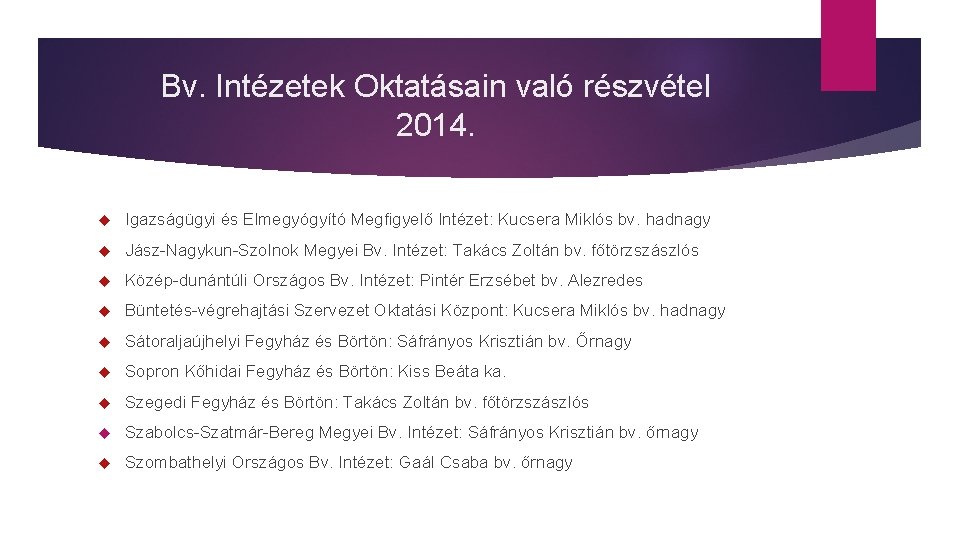 Bv. Intézetek Oktatásain való részvétel 2014. Igazságügyi és Elmegyógyító Megfigyelő Intézet: Kucsera Miklós bv.