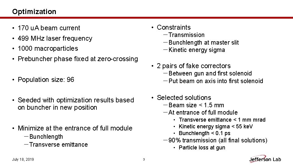 Optimization • Constraints • 170 u. A beam current －Transmission －Bunchlength at master slit