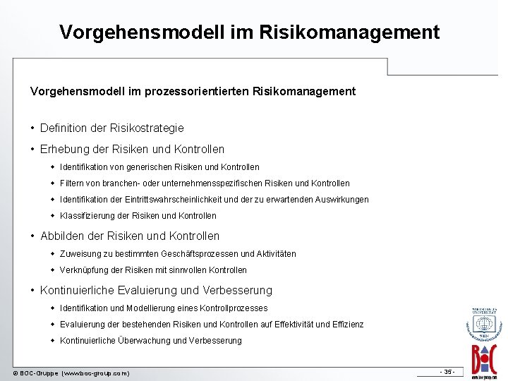 Vorgehensmodell im Risikomanagement Vorgehensmodell im prozessorientierten Risikomanagement • Definition der Risikostrategie • Erhebung der