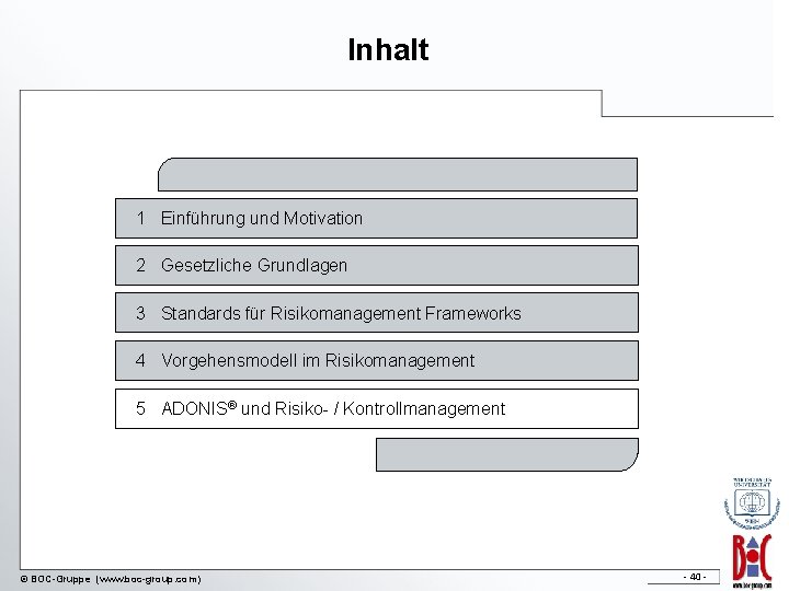 Inhalt 1 Einführung und Motivation 2 Gesetzliche Grundlagen 3 Standards für Risikomanagement Frameworks 4