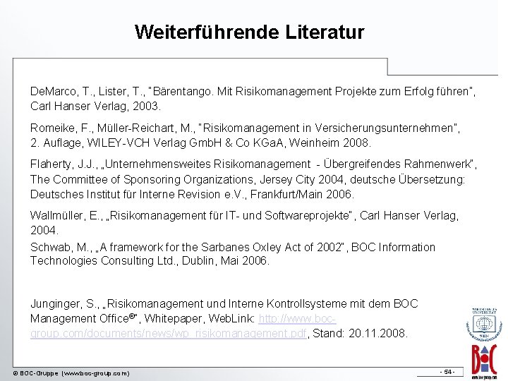 Weiterführende Literatur De. Marco, T. , Lister, T. , “Bärentango. Mit Risikomanagement Projekte zum