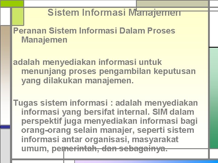 Sistem Informasi Manajemen Peranan Sistem Informasi Dalam Proses Manajemen adalah menyediakan informasi untuk menunjang