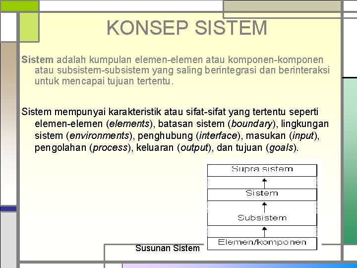 KONSEP SISTEM Sistem adalah kumpulan elemen-elemen atau komponen-komponen atau subsistem-subsistem yang saling berintegrasi dan