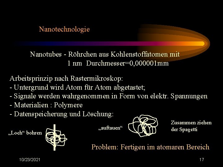 Nanotechnologie Nanotubes - Röhrchen aus Kohlenstoffatomen mit 1 nm Durchmesser=0, 000001 mm Arbeitsprinzip nach