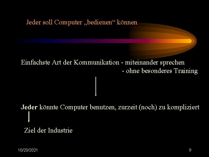 Jeder soll Computer „bedienen“ können Einfachste Art der Kommunikation - miteinander sprechen - ohne