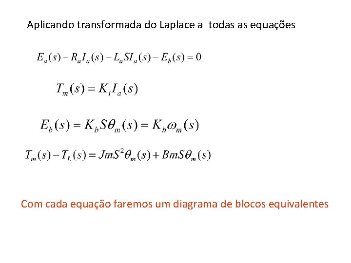 Aplicando transformada do Laplace a todas as equações Com cada equação faremos um diagrama