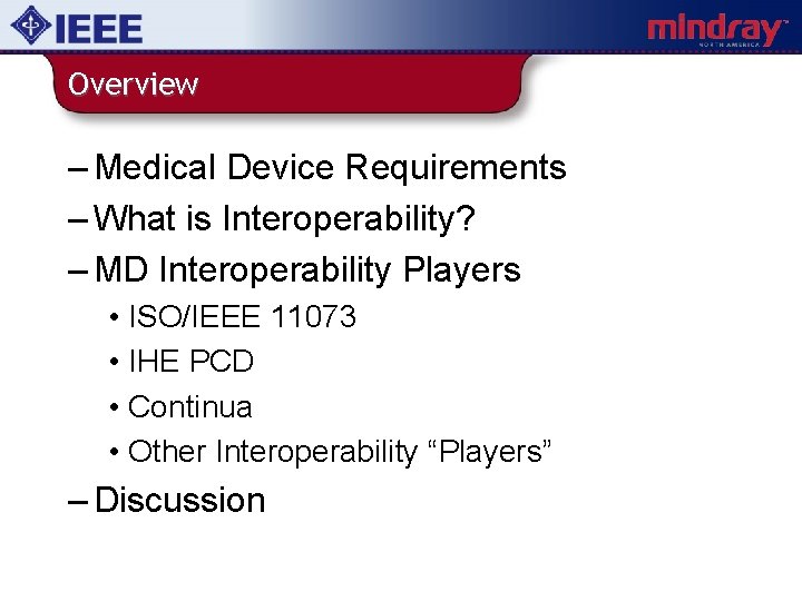 Overview – Medical Device Requirements – What is Interoperability? – MD Interoperability Players •