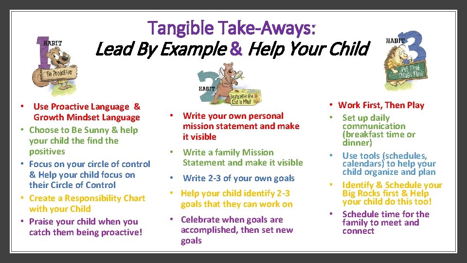 Tangible Take-Aways: Lead By Example & Help Your Child • Use Proactive Language &