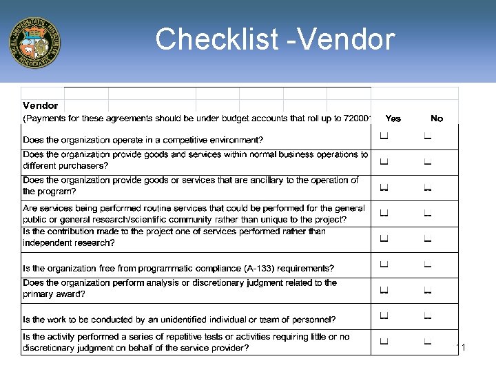 Checklist -Vendor 11 