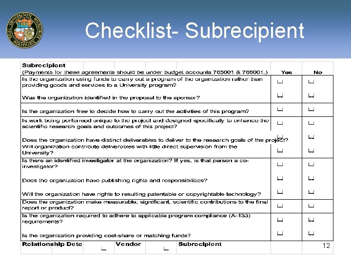 Checklist- Subrecipient 12 