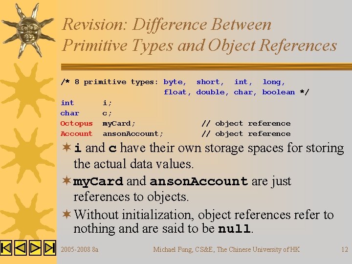 Revision: Difference Between Primitive Types and Object References /* 8 primitive types: byte, short,