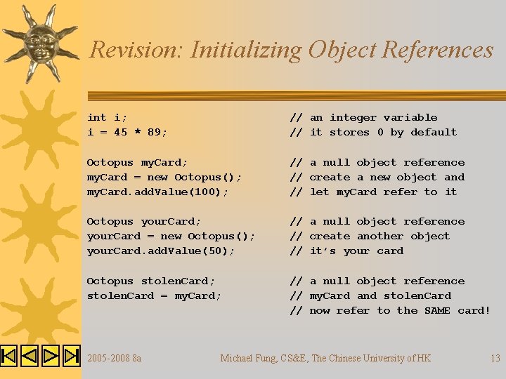 Revision: Initializing Object References int i; i = 45 * 89; // an integer