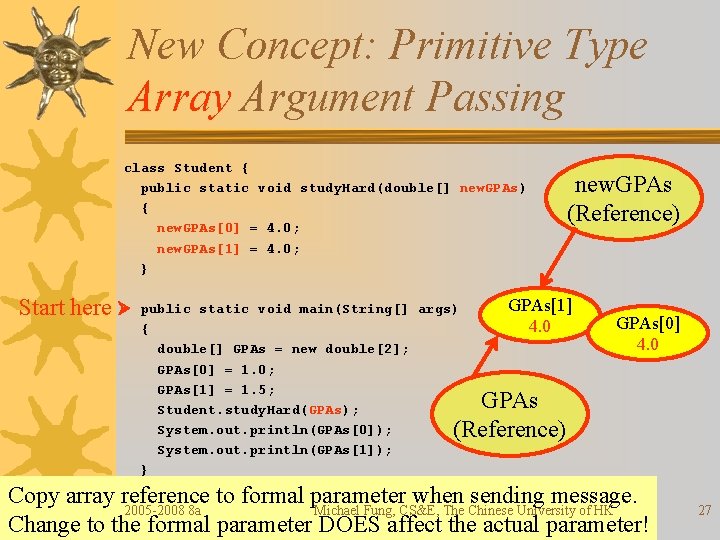New Concept: Primitive Type Array Argument Passing class Student { public static void study.