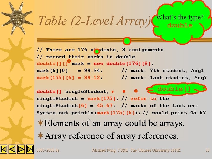 Table (2 -Level Array) What’s the type? double // There are 176 students, 8