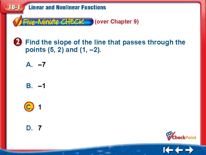 (over Chapter 9) Find the slope of the line that passes through the points (over Chapter 9) Find the slope of the line that passes through the points