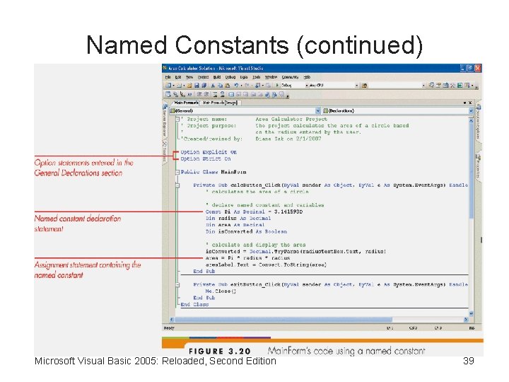 Named Constants (continued) Microsoft Visual Basic 2005: Reloaded, Second Edition 39 