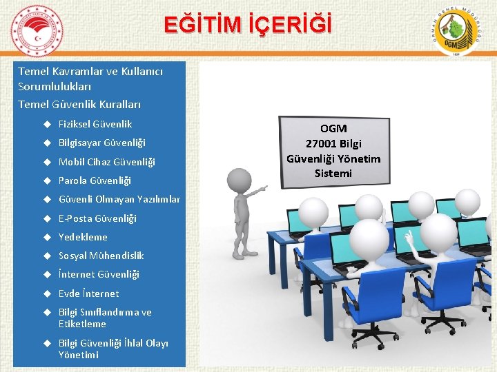 EĞİTİM İÇERİĞİ Temel Kavramlar ve Kullanıcı Sorumlulukları Temel Güvenlik Kuralları Fiziksel Güvenlik Bilgisayar Güvenliği