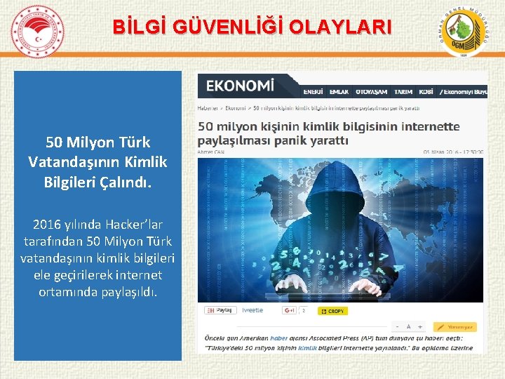 BİLGİ GÜVENLİĞİ OLAYLARI 50 Milyon Türk Vatandaşının Kimlik Bilgileri Çalındı. 2016 yılında Hacker’lar tarafından