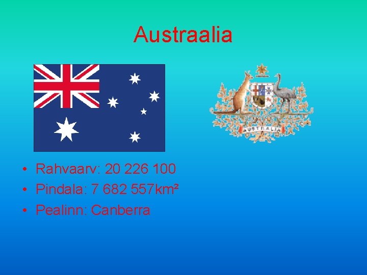 Austraalia • Rahvaarv: 20 226 100 • Pindala: 7 682 557 km² • Pealinn:
