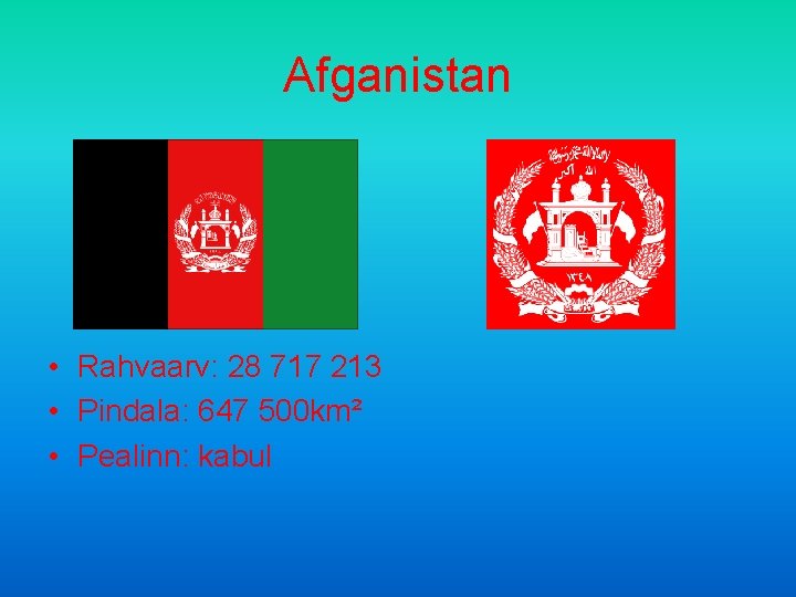 Afganistan • Rahvaarv: 28 717 213 • Pindala: 647 500 km² • Pealinn: kabul