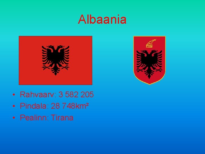 Albaania • Rahvaarv: 3 582 205 • Pindala: 28 748 km² • Pealinn: Tirana