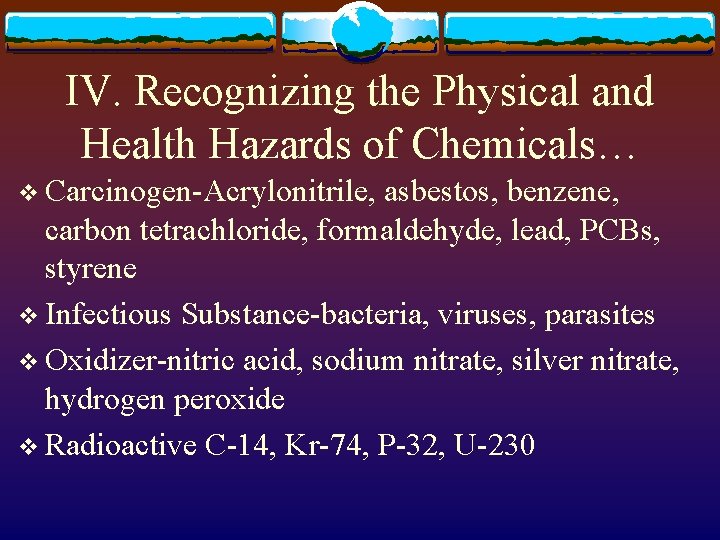 IV. Recognizing the Physical and Health Hazards of Chemicals… v Carcinogen-Acrylonitrile, asbestos, benzene, carbon
