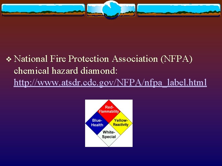 v National Fire Protection Association (NFPA) chemical hazard diamond: http: //www. atsdr. cdc. gov/NFPA/nfpa_label.