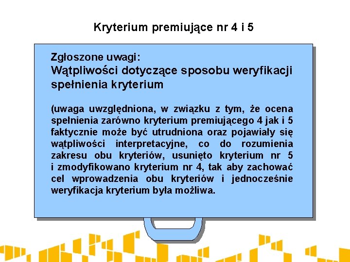 Kryterium premiujące nr 4 i 5 Zgłoszone uwagi: Wątpliwości dotyczące sposobu weryfikacji spełnienia kryterium