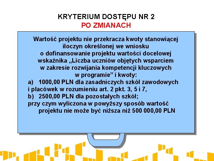 KRYTERIUM DOSTĘPU NR 2 PO ZMIANACH Wartość projektu nie przekracza kwoty stanowiącej iloczyn określonej