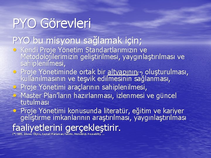 PYO Görevleri PYO bu misyonu sağlamak için; • Kendi Proje Yönetim Standartlarımızın ve •