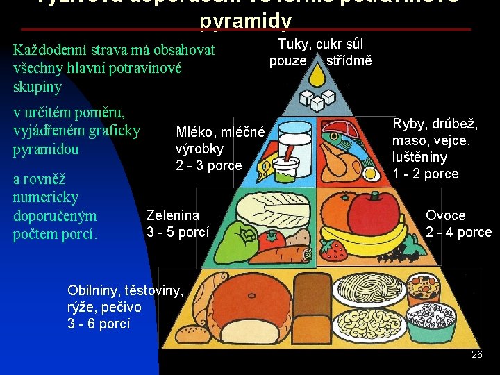 Výživová doporučení ve formě potravinové pyramidy Každodenní strava má obsahovat všechny hlavní potravinové skupiny