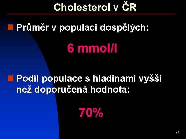 Cholesterol v ČR n Průměr v populaci dospělých: 6 mmol/l n Podíl populace s