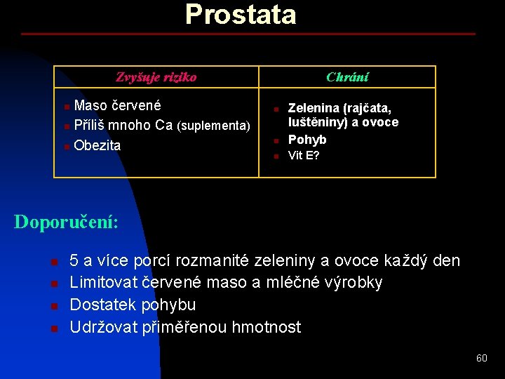 Prostata Zvyšuje riziko Maso červené n Příliš mnoho Ca (suplementa) n Obezita n Chrání