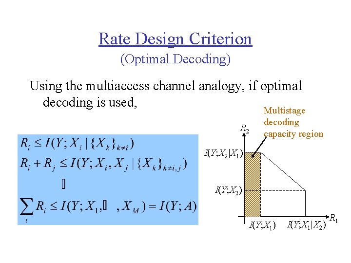 Rate Design Criterion (Optimal Decoding) Using the multiaccess channel analogy, if optimal decoding is