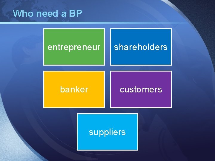 Who need a BP entrepreneur shareholders banker customers suppliers 