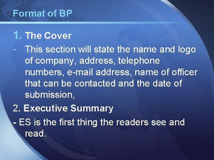 Format of BP 1. The Cover - This section will state the name and