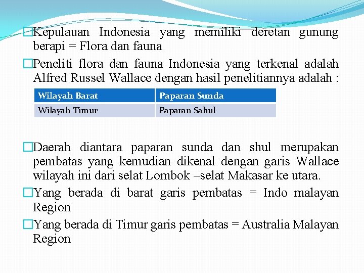 �Kepulauan Indonesia yang memiliki deretan gunung berapi = Flora dan fauna �Peneliti flora dan