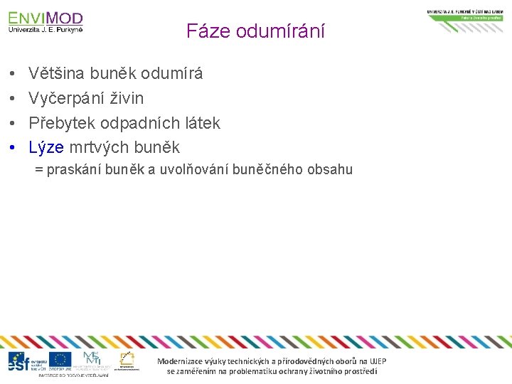 Fáze odumírání • • Většina buněk odumírá Vyčerpání živin Přebytek odpadních látek Lýze mrtvých