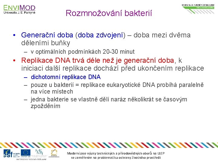 Rozmnožování bakterií • Generační doba (doba zdvojení) – doba mezi dvěma děleními buňky –