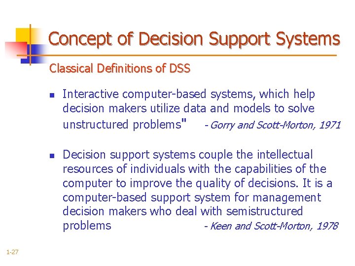 Concept of Decision Support Systems Classical Definitions of DSS n n 1 -27 Interactive