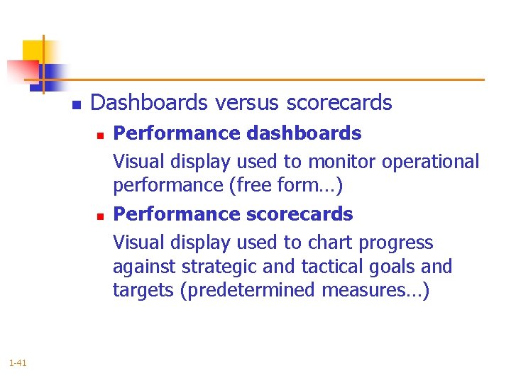 n Dashboards versus scorecards n n 1 -41 Performance dashboards Visual display used to