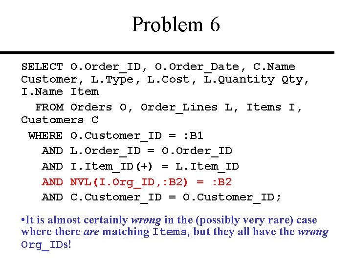 Problem 6 SELECT O. Order_ID, O. Order_Date, C. Name Customer, L. Type, L. Cost,