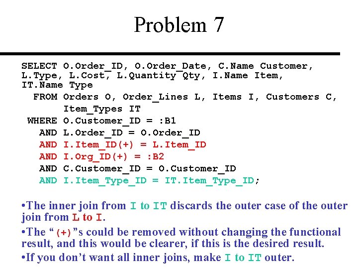 Problem 7 SELECT O. Order_ID, O. Order_Date, C. Name Customer, L. Type, L. Cost,